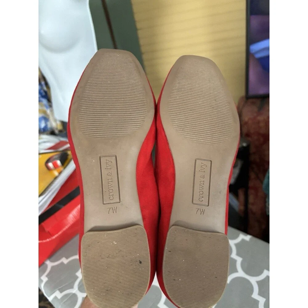 Crown & Ivy Beale Women’s 7W Red Ballet Flats Bow Round Toe Shoes